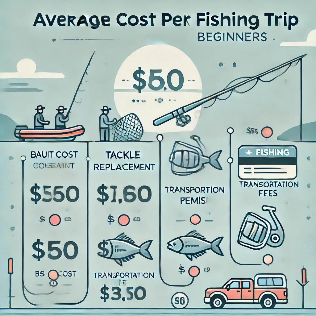 An informative illustration depicting the average cost per fishing trip for beginners. The image should include labeled sections such as bait cost, tackle replacement, transportation fees, and fishing permit fees. The design should be simple, easy to understand, and visually engaging, making it suitable for an educational blog or guide. The background can feature a subtle fishing scene to enhance the theme.