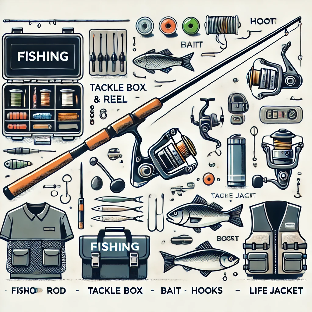 A beginner-friendly illustration displaying the essential items a new angler should buy. The image should include a fishing rod and reel, tackle box, bait, hooks, life jacket, and other basic gear, all clearly labeled. The design should be simple, educational, and engaging, making it suitable for a blog or guide.