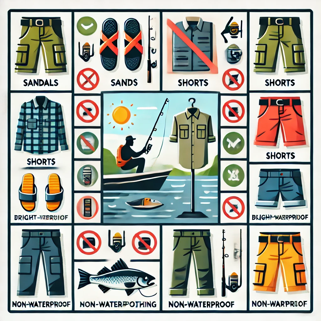 A clear and informative illustration showing inappropriate clothing for fishing. The image should include items such as sandals, shorts, bright-colored clothing, and non-waterproof attire, all marked as unsuitable. The background can feature a fishing scene to provide context. The style should be modern, simple, and easy to understand, making it ideal for a blog or educational guide.