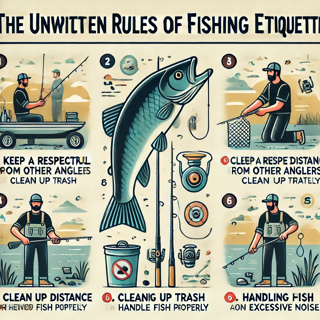 An informative illustration explaining the unwritten rules of fishing etiquette. The image should include visual representations of good practices such as keeping a respectful distance from other anglers, cleaning up trash, handling fish properly, and avoiding excessive noise. The style should be clean, engaging, and easy to understand, making it suitable for an educational blog or guide.