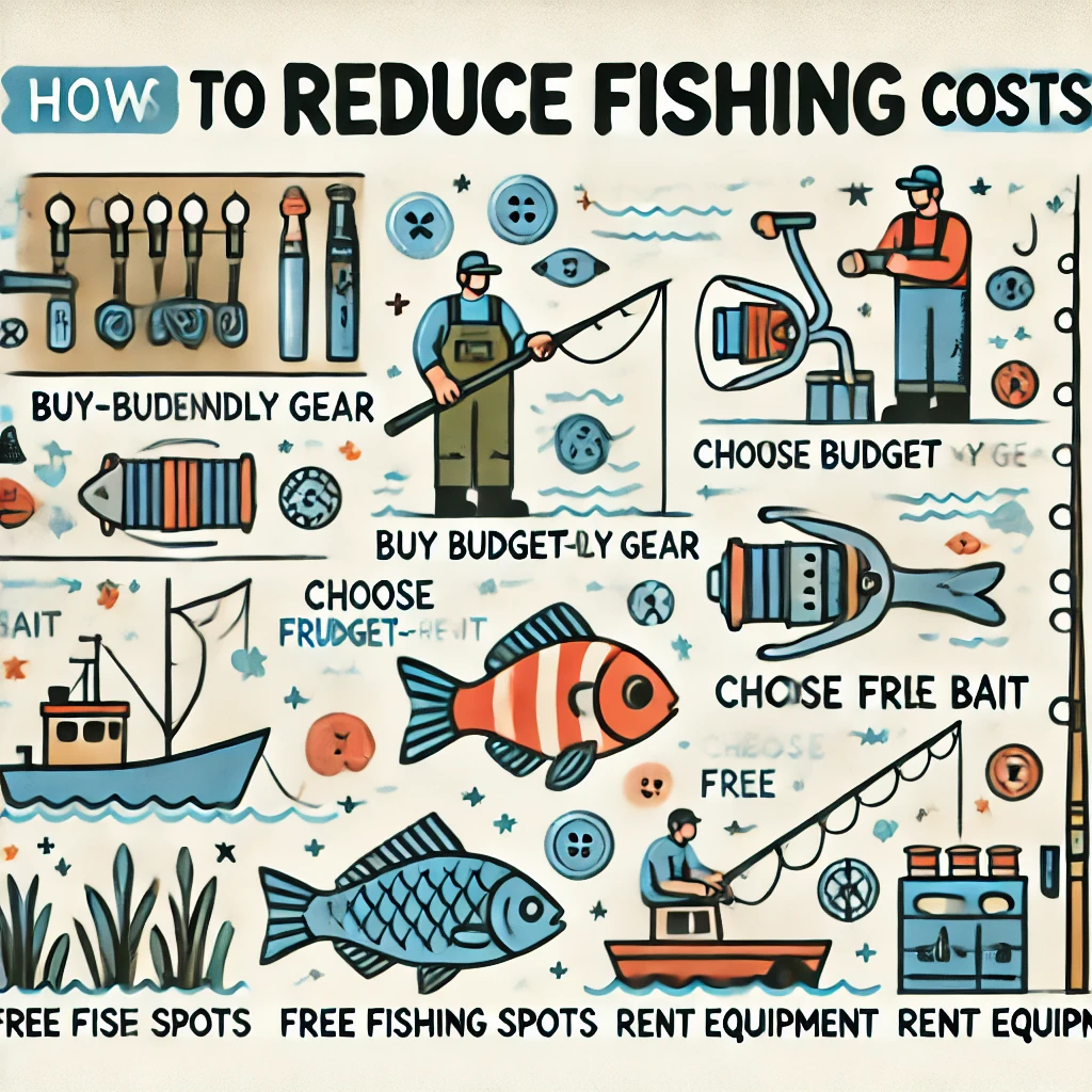 An informative illustration depicting ways to reduce fishing costs. The image should include strategies such as buying budget-friendly gear, using DIY bait, choosing free fishing spots, and renting equipment. The design should be simple, clear, and visually engaging, making it ideal for an educational blog or guide.