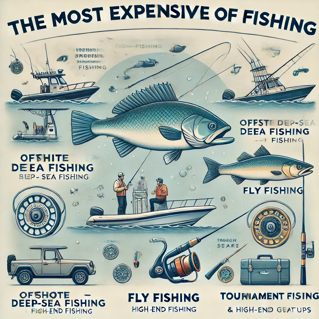 An informative illustration showing the most expensive types of fishing. The image should include examples like offshore deep-sea fishing, fly fishing, tournament fishing, and high-end gear setups. The style should be clean, engaging, and educational, making it suitable for a blog or guide.