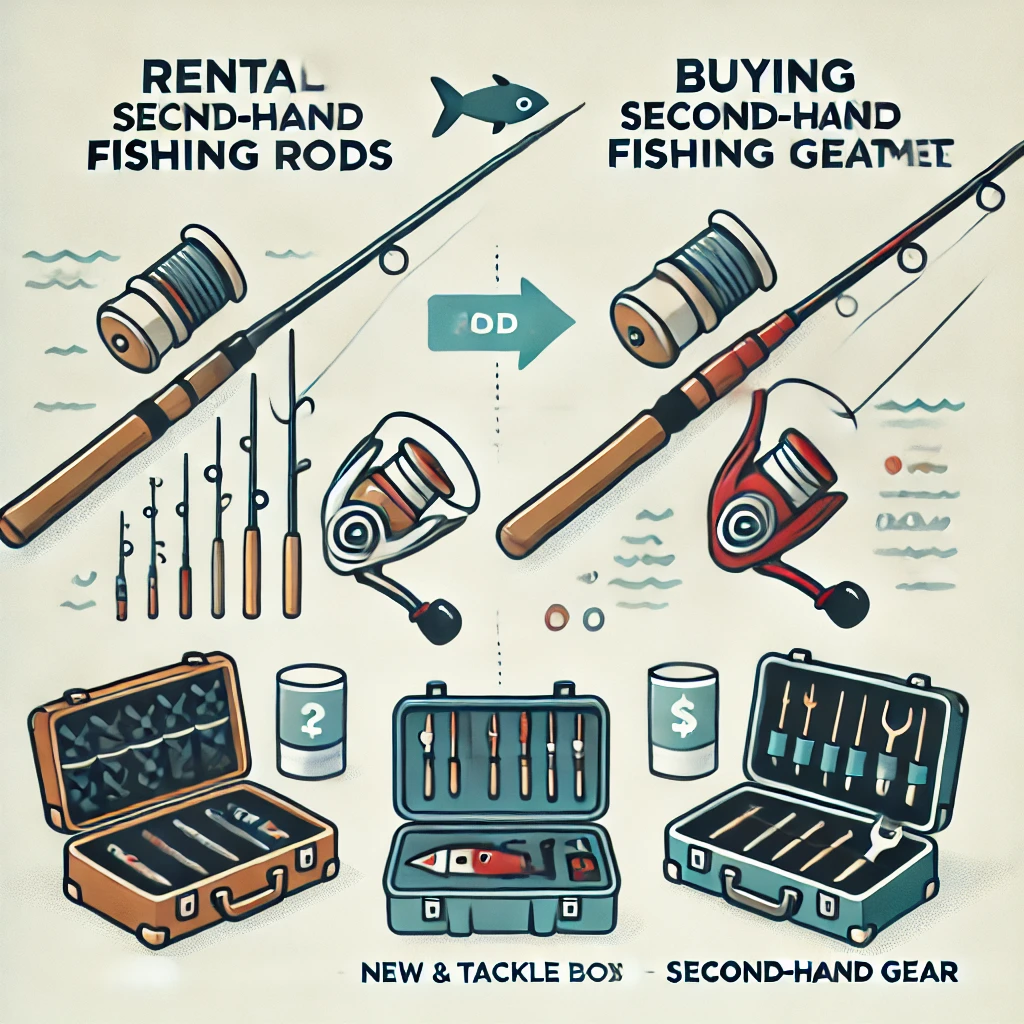 An engaging and informative illustration depicting the benefits of renting or buying second-hand fishing equipment. The image should include visuals of rental fishing rods, used tackle boxes, and a comparison of costs between new and second-hand gear. The style should be clean, simple, and educational, making it suitable for a blog or guide.