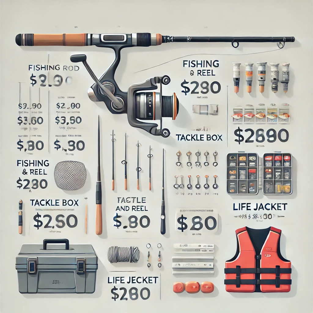 A detailed and visually appealing illustration showing the estimated cost of a beginner's fishing gear set. The image should include labeled prices for a fishing rod and reel, tackle box, bait, hooks, life jacket, and other small essentials. The background can feature a simple, clean design that makes the cost breakdown easy to read. The style should be modern, educational, and visually engaging.